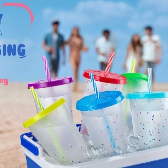 12pk 24oz Confetti Color Changing Cups w/ Lid & Straw for Party/Holiday Reusable - Picture 2 of 8